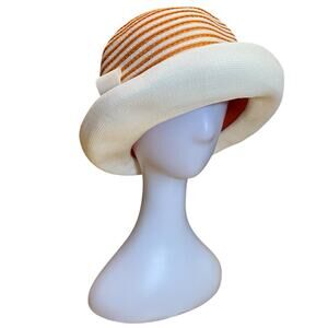 1950s Vintage Coral & White Striped Straw Cloche Hat by Winkelman’s – NWT